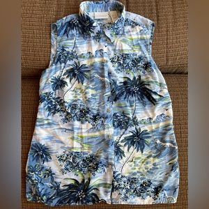 Liz Claiborne Womens Silk Sleeveless Top Tropical Hawaii Blue Large - EUC!